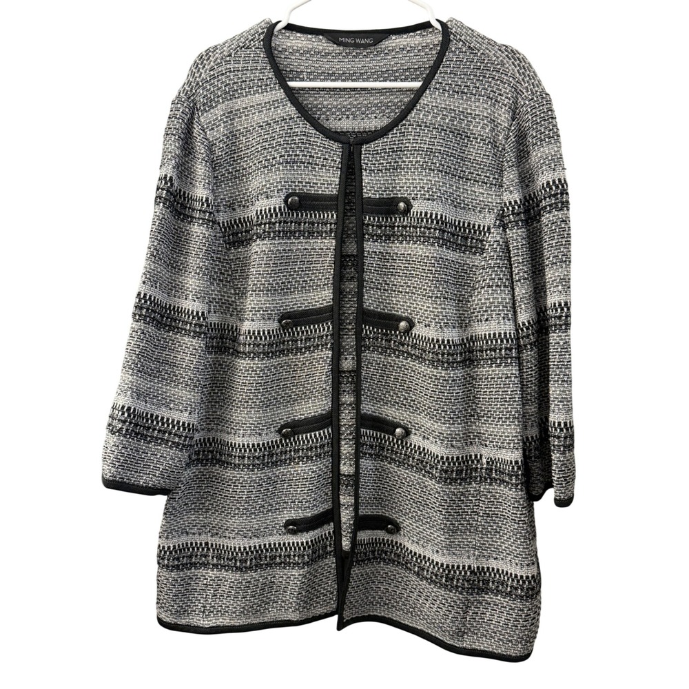 Ming Wang Women Black White Striped Knit Military Style Open Front Jacket